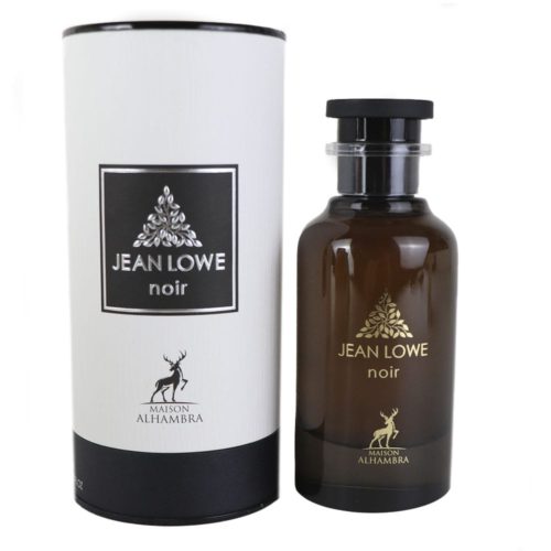 Jean Lowe Noir by Maison Alhambra, featuring the bottle and packaging together, showcasing a luxurious aesthetic.
