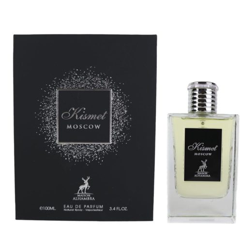 Kismet Moscow Eau de Parfum bottle next to its packaging. The luxurious black box with silver details complements the sophisticated design of the fragrance.