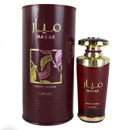 Mayar Cherry Intense EDP by Lattafa - The elegant perfume bottle with gold details is placed beside its matching cylindrical case, highlighting the luxurious design.