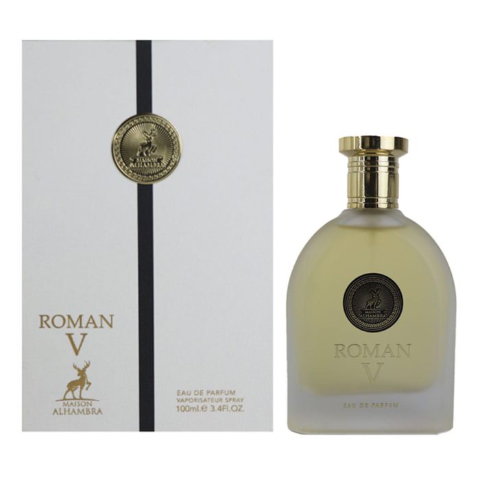 Bottle of Maison Alhambra Optus V Eau de Parfum for unisex (100 ml) with its white and black packaging featuring a gold seal.