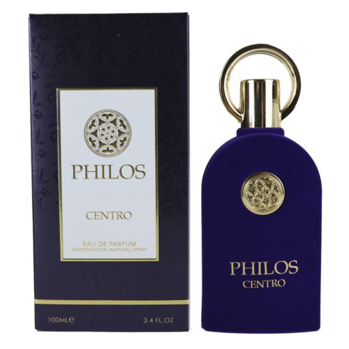 Philos Centro EDP 100ml by Maison Alhambra, showing both the bottle and its packaging in an elegant black and gold theme.