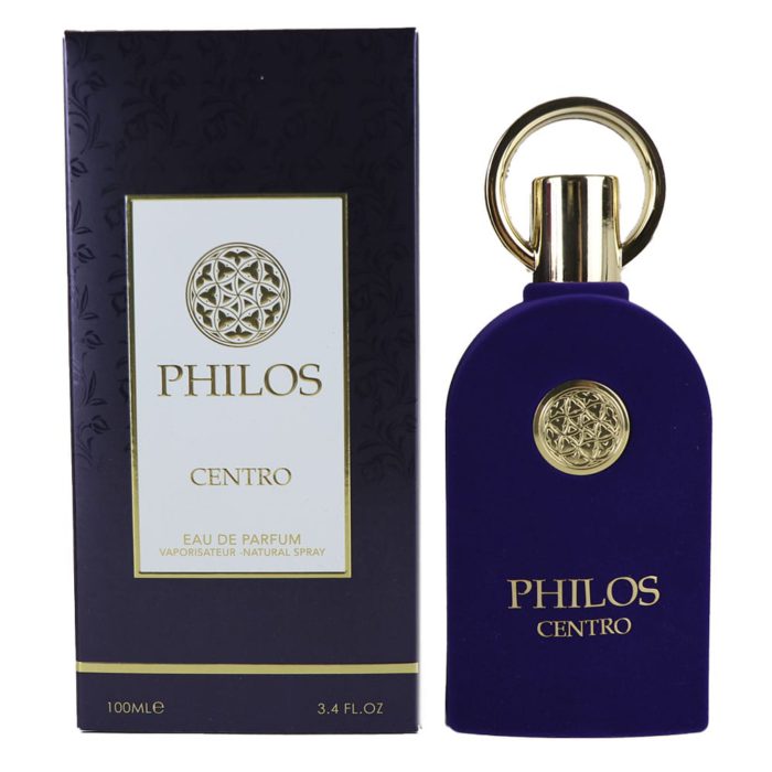 Philos Centro EDP 100ml by Maison Alhambra, showing both the bottle and its packaging in an elegant black and gold theme.