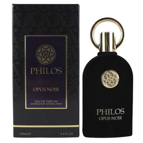 A complete set of Philos Opus Noir, featuring the perfume bottle alongside its matching black and gold packaging.