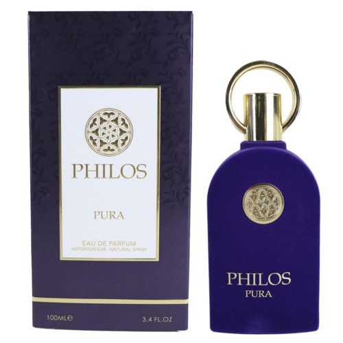 Philos Pura Eau de Parfum packaging with the bottle, showing an elegant purple and gold-themed design with a velvet finish.