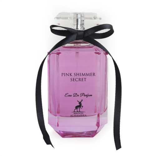 Close-up of the Maison Alhambra Pink Shimmer Secret perfume bottle with a pink liquid and a black ribbon tied around the neck of the cap.