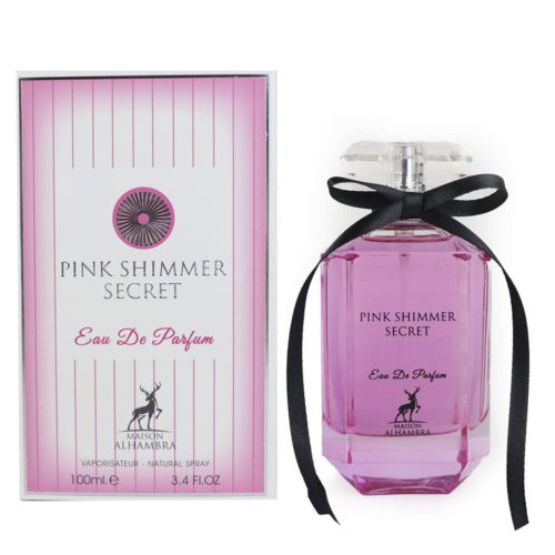 Side-by-side display of the Maison Alhambra Pink Shimmer Secret perfume bottle and its matching pink and white striped box.