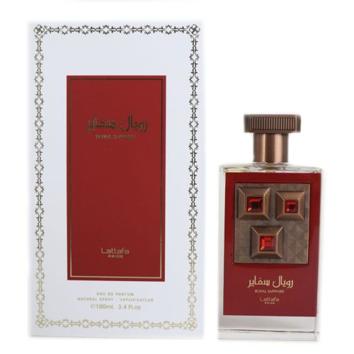 Pride Royal Sapphire EDP 100 ml Unisex by Lattafa perfume bottle and packaging box in white and red design with gold accents