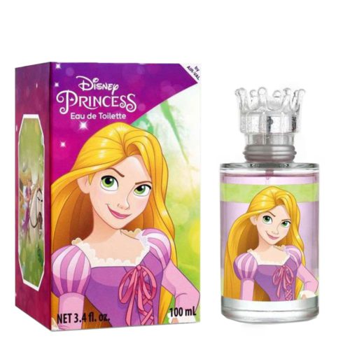 Disney Princess Rapunzel Eau de Toilette 100ml. The packaging features a pastel pink and white striped background with heart and key designs, along with a large illustration of Rapunzel with her long golden hair. The round transparent perfume bottle has a pink crown-shaped cap and displays an image of Rapunzel in a lilac dress framed by a decorative pink border.