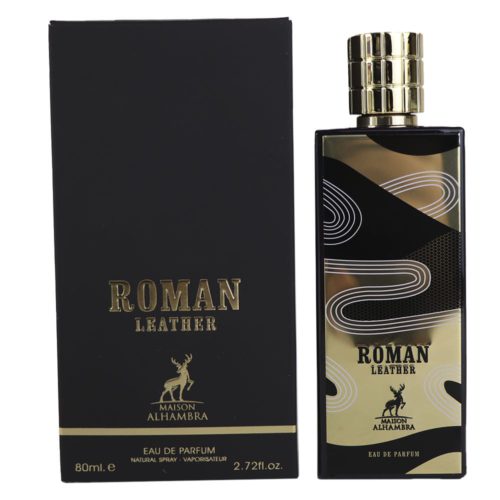 The "Roman Leather" perfume bottle displayed alongside its elegant black and gold box, showcasing a sophisticated design.