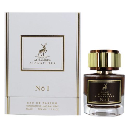 A perfume bottle alongside its white and gold packaging, labeled "Maison Alhambra Signatures No 1," showing an elegant and minimalistic design.