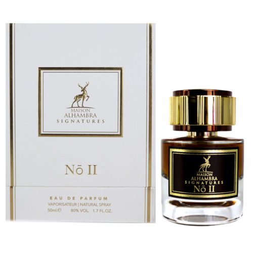 The "Maison Alhambra Signatures No II" perfume bottle displayed next to its white and gold box, showcasing the refined branding.