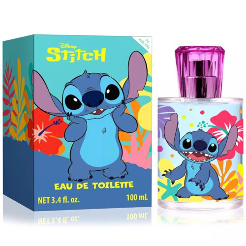 Disney Stitch Eau de Toilette 100ml. The packaging features a vibrant tropical design with bright colors, including red, yellow, and blue leaves, and a playful illustration of Stitch smiling. The transparent perfume bottle has a pink cap and showcases another image of Stitch with a happy expression, surrounded by colorful tropical patterns.