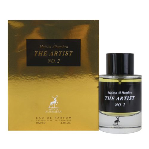 Full view of "The Artist No. 2" perfume bottle and packaging by Maison Alhambra, featuring a gold box and a transparent bottle with a black cap.