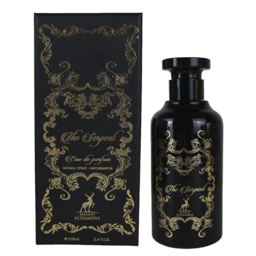 A black perfume bottle of "The Serpent" by Maison Alhambra with intricate gold detailing and a matching black and gold box.