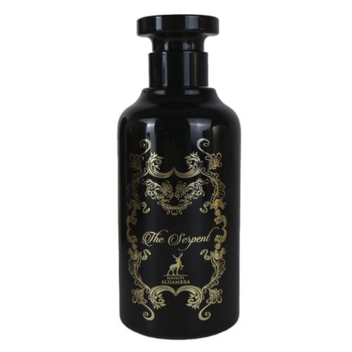 The black bottle of "The Serpent" by Maison Alhambra, featuring elegant gold patterns and a unique vintage-style cap.