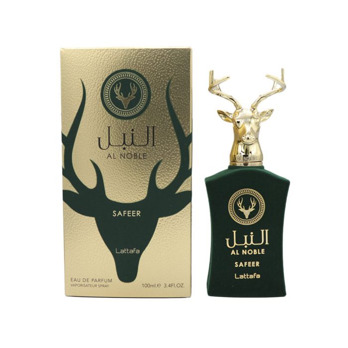 Back of the Al Noble Safeer perfume box by Lattafa showing ingredients and manufacturing details.