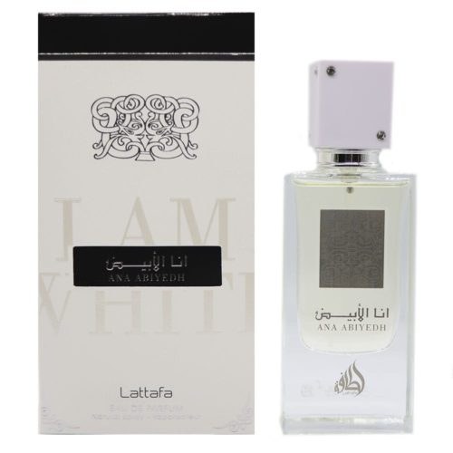 Ana Abiyedh perfume bottle and box with minimal white design, black label, and ornamental logo.