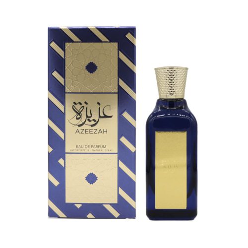 Image of the Azeezah Eau de Parfum 100 ml by Lattafa, showing the elegant blue and gold bottle next to its matching box.