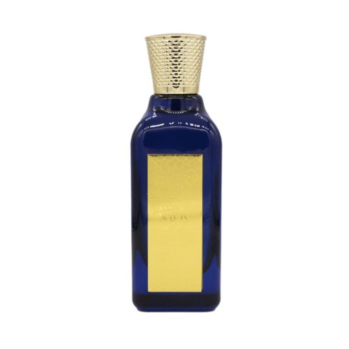 Isolated view of the Azeezah perfume bottle in cobalt blue with a gold label and cap.