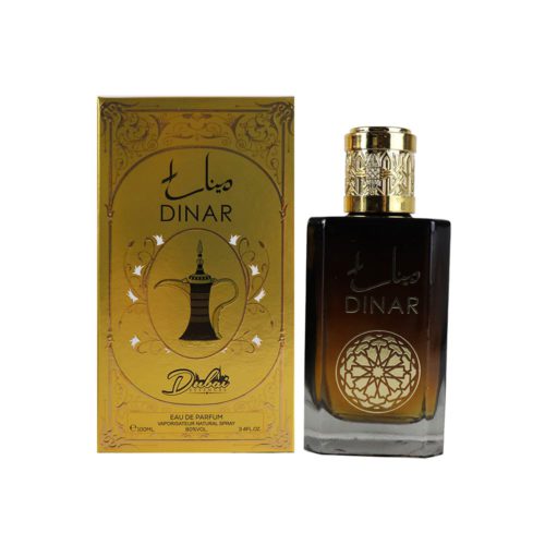 Dinar EDP 100 ml by Dubai Essences, featuring a luxurious black and gold bottle with an Arabic-inspired design next to its matching gold packaging.
