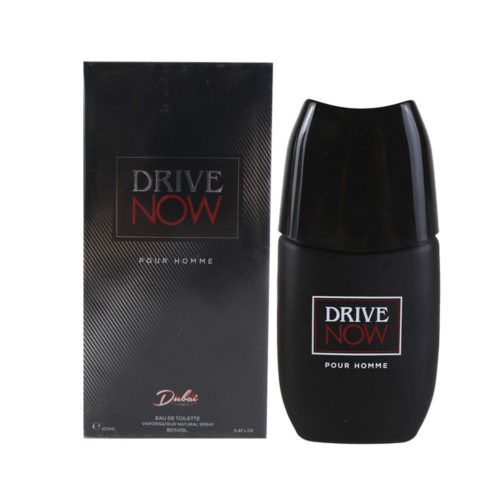 Drive Now Pour Homme perfume bottle next to its box, black design with red accents.
