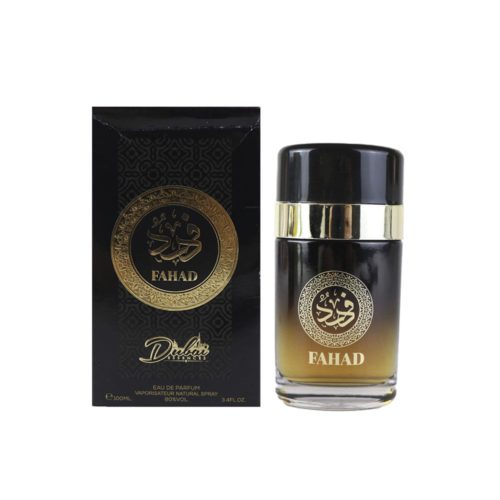 Front view of Fahad EDP 100 ml perfume for men by Dubai Essences, showing the black and gold box with the bottle beside it.