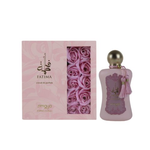 Fatima Extrait de Parfum bottle by Zimaya next to the floral gift box packaging.