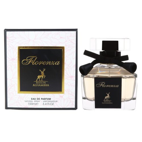 A delicate and elegant bottle of Florenza Eau de Parfum by Maison Alhambra, placed next to its floral-patterned packaging with gold accents.