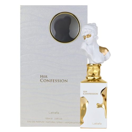 Lattafa Her Confession Eau de Parfum 100ml for Women, a luxurious white and gold perfume bottle with a sculpted bust cap, next to its elegant packaging.