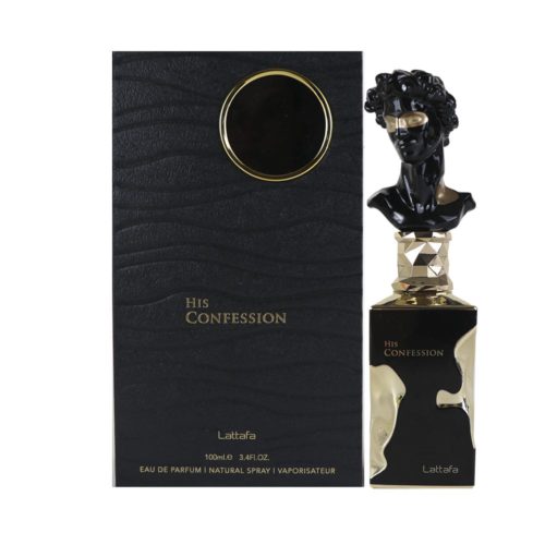 The back of the "His Confession" perfume packaging by Lattafa, displaying the ingredients list, caution warnings, and manufacturer details.