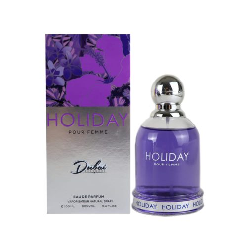 Front view of the Holiday Pour Femme perfume box with purple floral design.