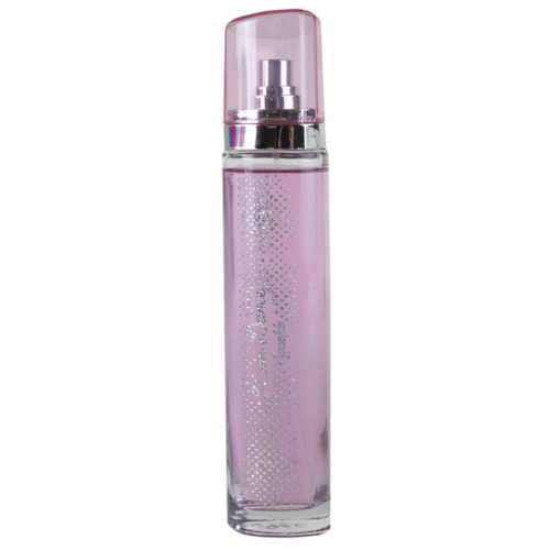 Tall, slender pink perfume bottle with silver details, labeled "I Can Dance Sparkle."