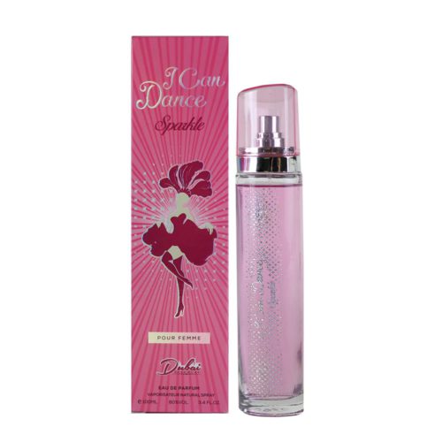 "I Can Dance Sparkle" perfume bottle next to its matching pink box.