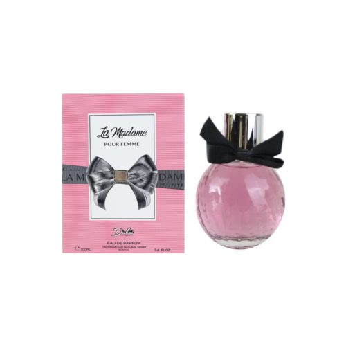 Presentation of La Madame Pour Femme perfume 100 ml with its pink box and round bottle featuring pink liquid and a black bow.