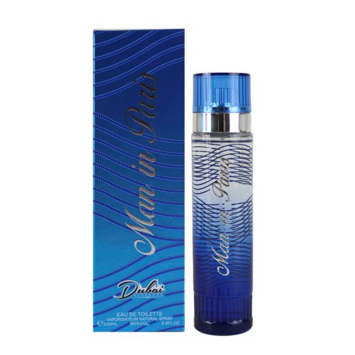 "Man in Paris" Eau de Toilette by Dubai Essences, featuring a sleek blue bottle with silver details next to its matching blue box.