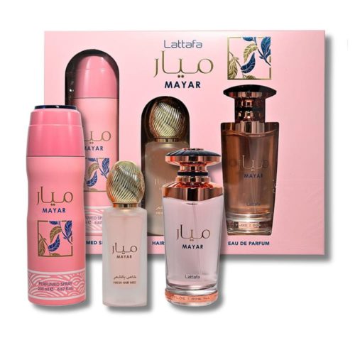 Lattafa Mayar gift set for women, featuring a pink-themed collection including an eau de parfum, fresh hair mist, perfumed spray, and a luxurious packaging box in soft pastel tones.