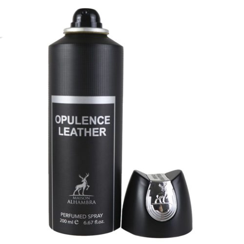 Open Opulence Leather perfumed spray can (200 ml) by Maison Alhambra with cap placed beside it.