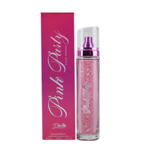 Pink Party Eau de Parfum bottle for women, displayed next to its matching pink and purple packaging with elegant typography.