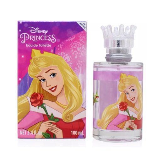 Disney Princess Aurora perfume set featuring Aurora holding a red rose on the box and bottle, with a clear crown-shaped cap on the flacon.