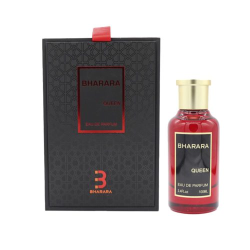 Bharara Queen Eau de Parfum bottle displayed next to the elegant black and red box.