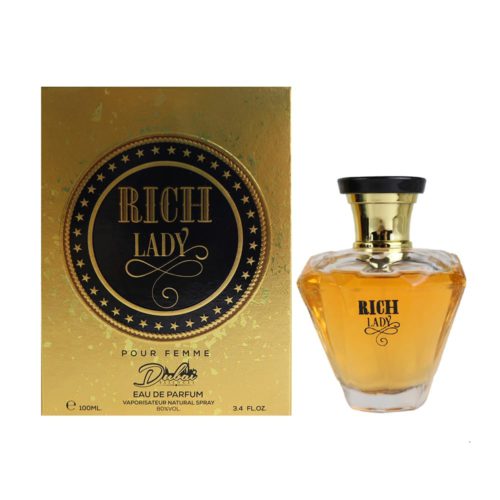 Rich Lady Eau de Parfum 100ml bottle and golden box by Dubai Essences, elegant and luxurious packaging for women.