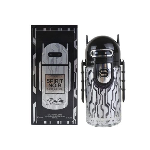 Spirit Noir Pour Homme perfume bottle by Dubai Essences next to its box, showing a futuristic robot-inspired bottle with metallic details.
