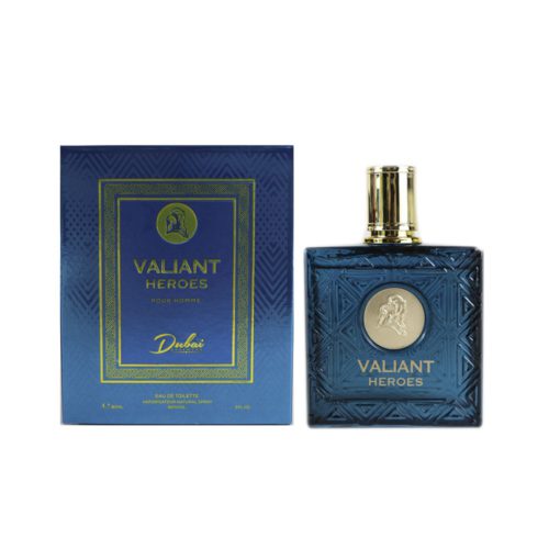 Valiant Heroes perfume bottle next to its blue and gold packaging box.