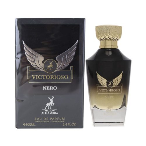 Victorioso Nero Eau de Parfum by Maison Alhambra, 100ml. The perfume bottle features a gradient black and gold design, with a golden textured cap and the brand's winged logo.