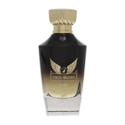 Close-up of the Victorioso Nero perfume bottle by Maison Alhambra. The black and gold gradient glass bottle has a gold winged logo and a luxurious golden cap.