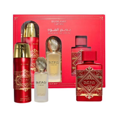 Lattafa Bade'e Al Oud Sublime fragrance gift set featuring Eau de Parfum, body spray, and hair mist in an elegant red and gold presentation.