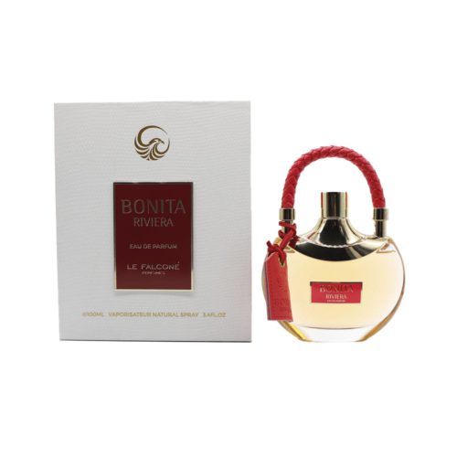 Full view of the Bonita Riviera Eau de Parfum bottle and its matching white box with red and gold accents.