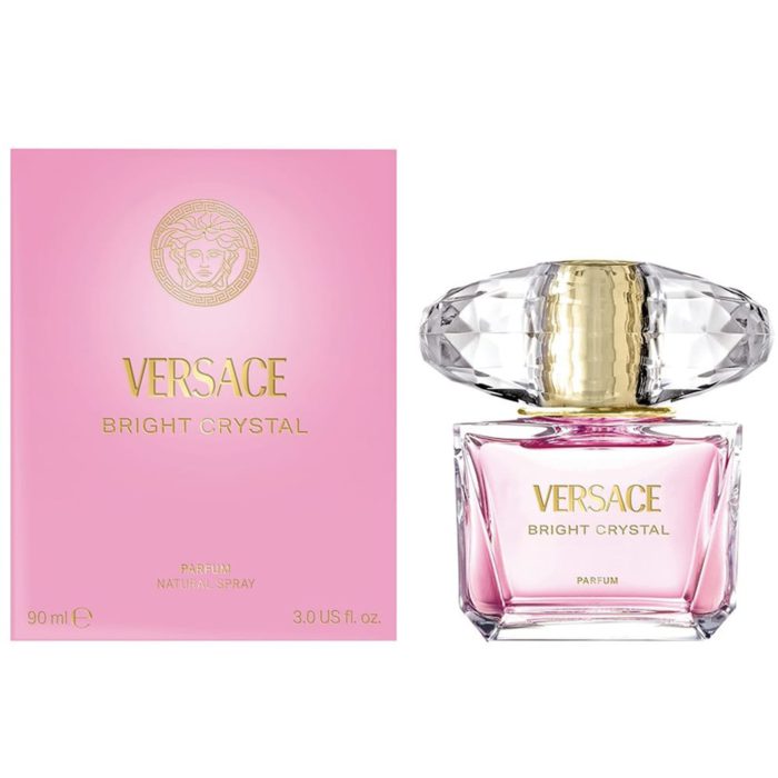 Versace Bright Crystal 90 ml Parfum for Women. A luxurious pink bottle with a crystal-like cap, placed next to a matching pink and gold box.