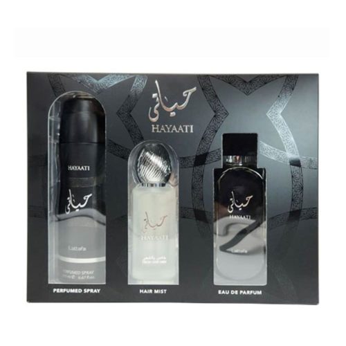 Lattafa Hayaati fragrance gift set featuring Eau de Parfum, perfumed body spray, and hair mist in an elegant black and silver box.