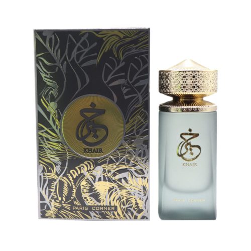 Image of the Khair Eau de Parfum 100 ml by Paris Corner, showing the elegant frosted glass bottle with golden cap next to its decorative box.